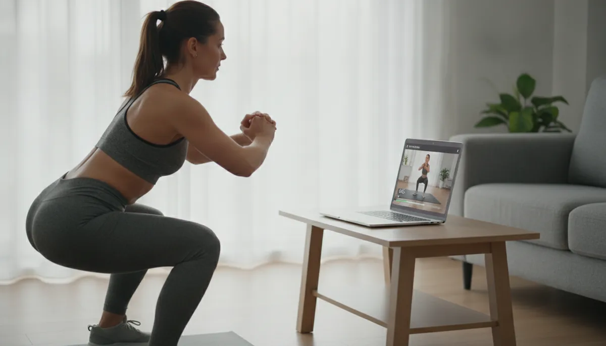 Una donna si allena a casa in plank su un tappetino seguendo l'app di allenamento sul laptop