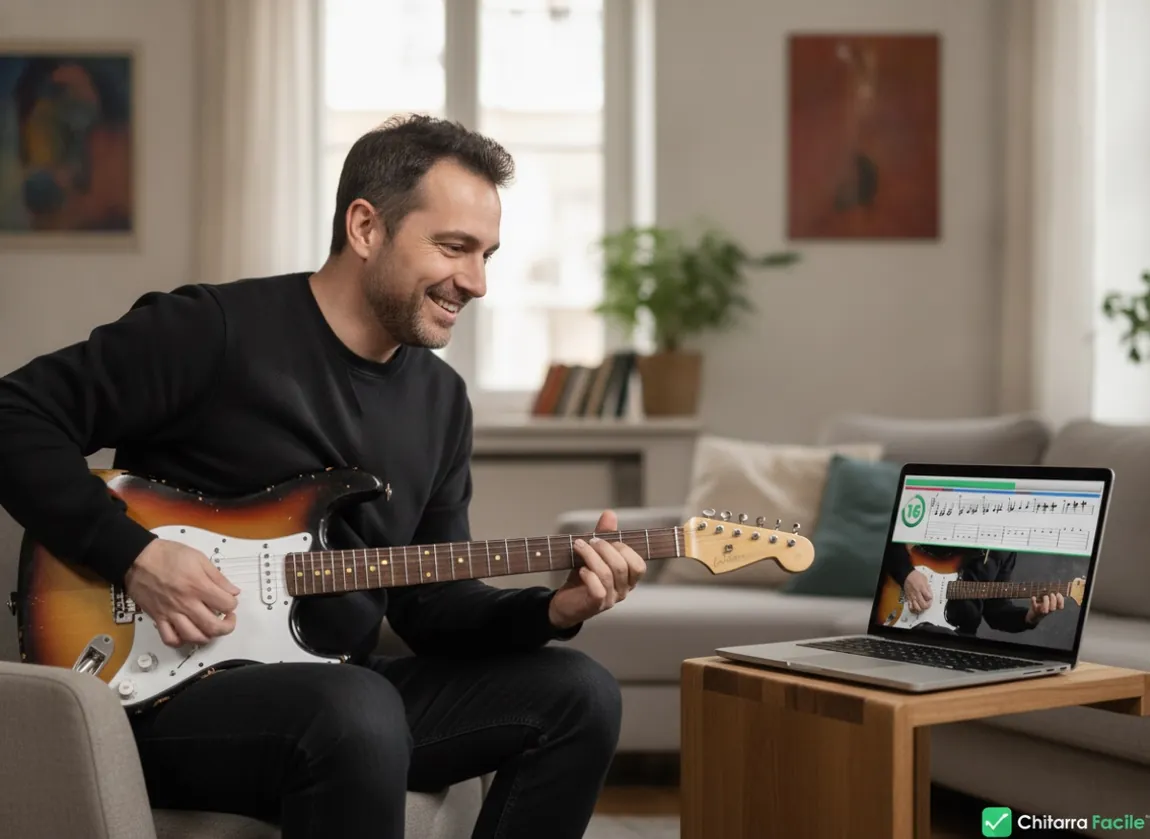 Un chitarrista a casa avvia il suo Guitar Power Training sul portatile, sorridente e pronto ad allenarsi