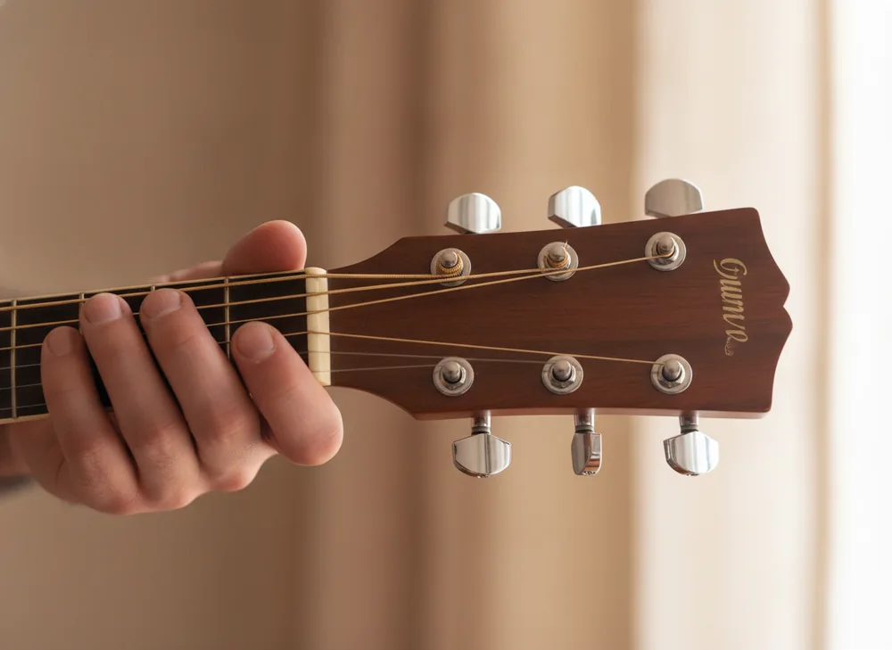 Mano che regola le meccaniche di una chitarra acustica