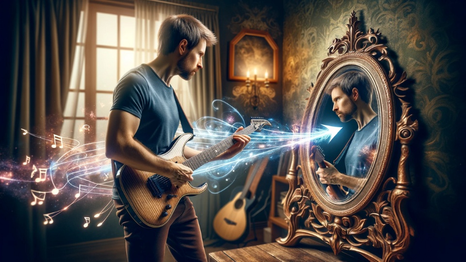 suonare la chitarra davanti allo specchio