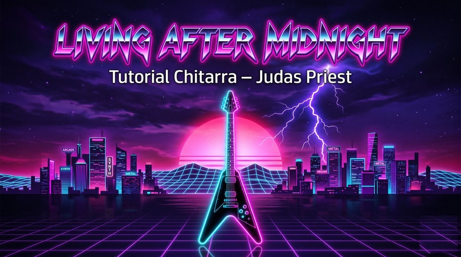 Cover retrowave anni ‘80 con chitarra elettrica e scritta Living After Midnight - tutorial Judas Priest