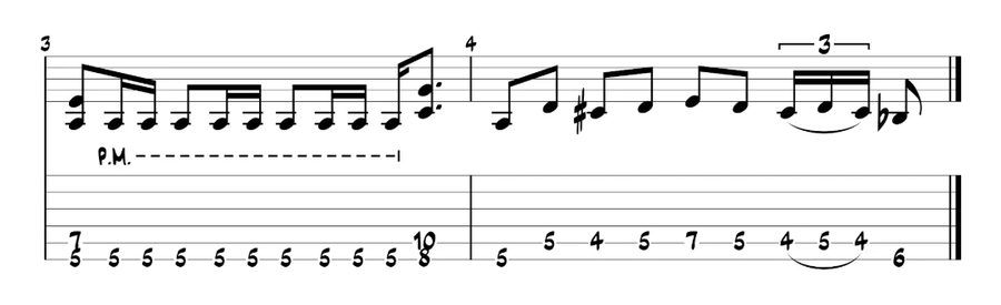 TAB dell'introduzione di Powerslave degli Iron Maiden, battute 3 e 4 con la frase melodica