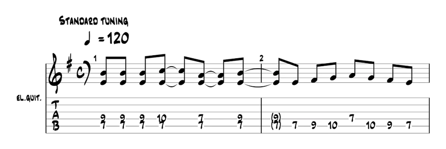 TAB della prima frase del riff di introduzione di Different World degli Iron Maiden