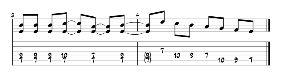 TAB della seconda frase del riff di introduzione di Different World degli Iron Maiden